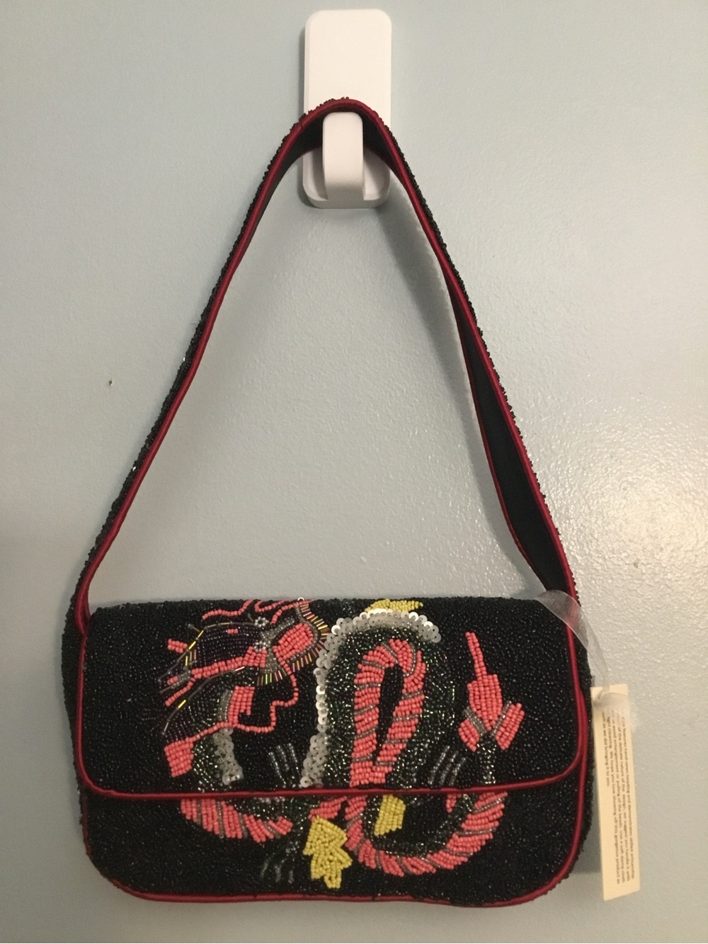 Beaded Black Shoulder Bag with Red Dragon Embroidery NO BRAND - Picture 4 of 15